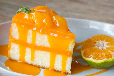 Close-up of dessert served on table