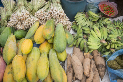 High angle view of various fruits and vegetables for sale at market