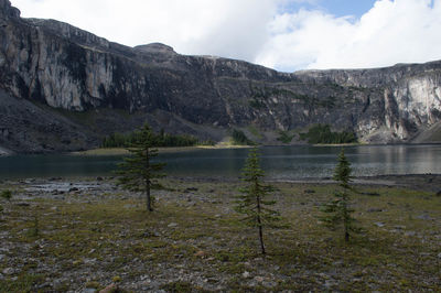 Scenic view of lake against cloudy sky