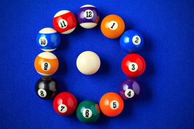 High angle view of multi colored balls on table