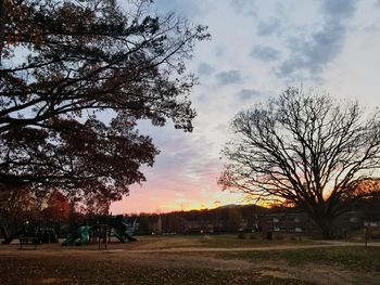 Bare trees on field against sky at sunset