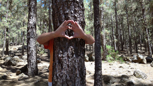 Midsection of woman standing by tree trunk in forest