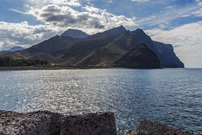 Scenic view of sea by mountains against sky
