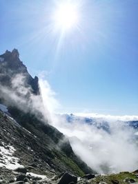 Scenic view of snowcapped mountains against sky on sunny day