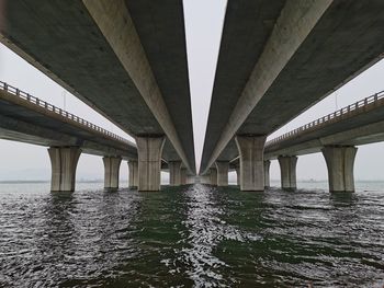 Low angle view of bridge over river against sky