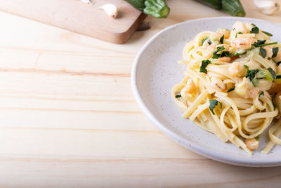 High angle view of food in plate on table