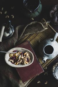 High angle view of breakfast on table