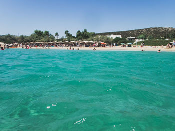 Scenic view of sea against clear blue sky