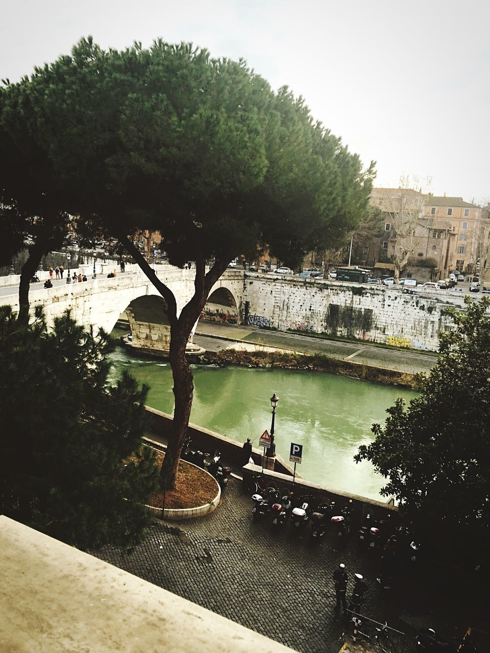 tree, water, built structure, architecture, building exterior, river, high angle view, bridge - man made structure, railing, transportation, clear sky, sky, canal, connection, day, nature, outdoors, house, incidental people, footbridge