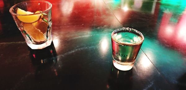 High angle view of beer in glass on table