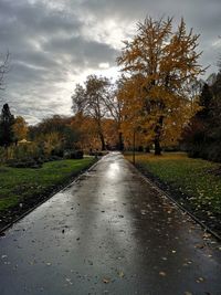 Wet road amidst trees against sky during autumn