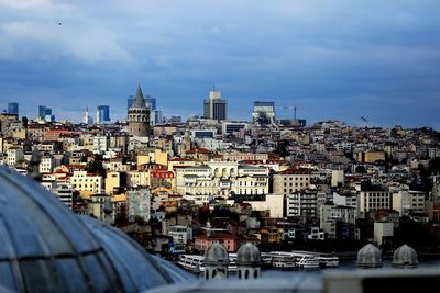 Aerial view of buildings in city against sky