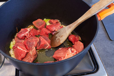 High angle view of meat in cooking pan