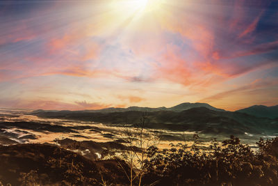 Sea of the mist with colorful brown,orange sky on mountain at morning sunrise background