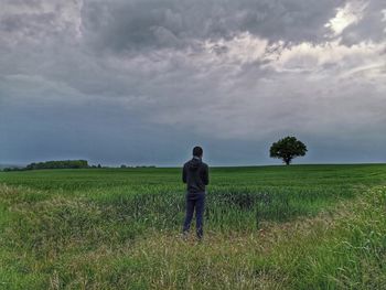 Rear view of man standing on field against sky