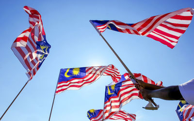 Cropped image of hand holding malaysian flag against clear sky