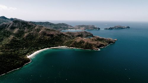 High angle view of bay against sky