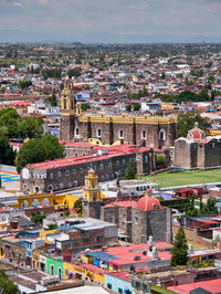 High angle shot of townscape against sky