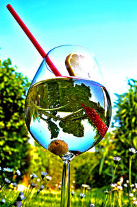 Close-up of glass against clear sky