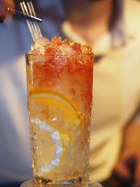 Close-up of beer glass on table