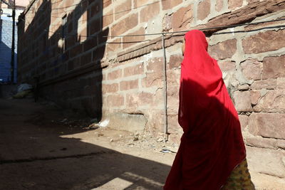 Low angle view of flag against building
