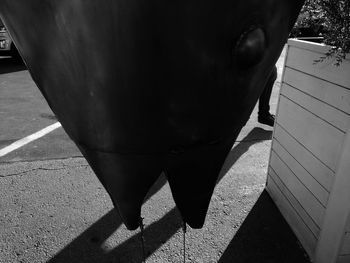 High angle view of shadow on footpath in city