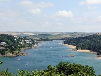 High angle view of bay against sky