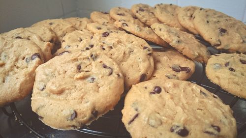 High angle view of chocolate chip cookies in oven