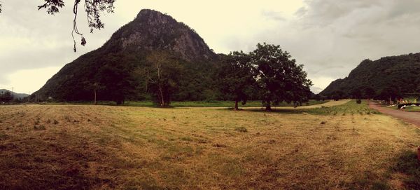 Scenic view of field against cloudy sky