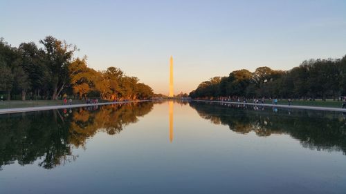 Scenic view of lake against clear sky at sunset