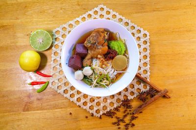 High angle view of food served on table