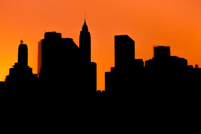 Silhouette of buildings against orange sky