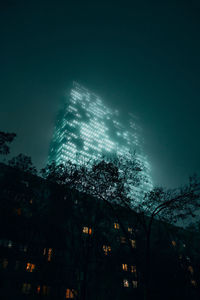 Low angle view of illuminated trees and buildings at night