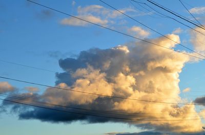 Low angle view of power lines against cloudy sky