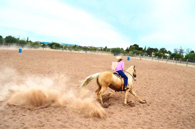 Rear view of woman riding horse against sky