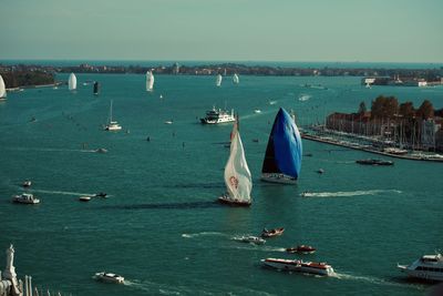 High angle view of boats in sea