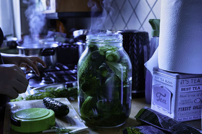 Close-up of glass jar on table at restaurant