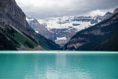 Scenic view of lake and mountains against sky