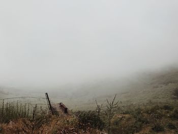 Scenic view of landscape against sky during foggy weather