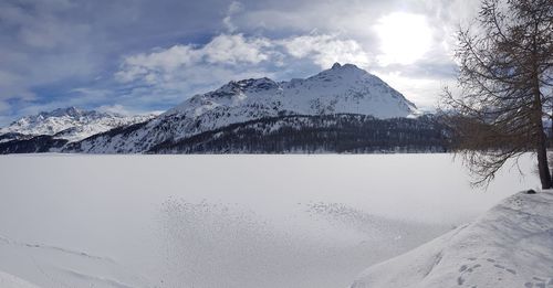 Scenic view of snowcapped mountains against sky