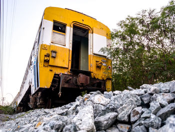 Train on railroad track against sky