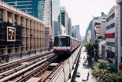 Railroad tracks amidst buildings in city