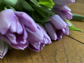 High angle view of purple flowers on table