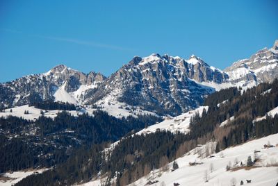 Scenic view of snowcapped mountains against clear blue sky