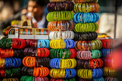 Close-up of multi colored bangles in store
