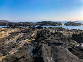 Scenic view of rocky beach against sky