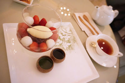 Close-up of food served on table