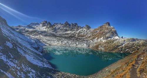 Panoramic view of snowcapped mountains against clear blue sky