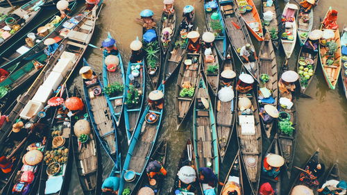 High angle view of floating market