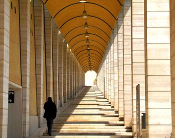 Rear view of man walking in corridor of building